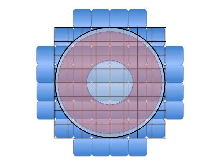 Figure 5. Mapping of the pupil (red annulus) and subapertures (black grid) on the DM52. The actuators are shown as blue pads, with the 15 mm clear aperture of the membrane a grey circle.
