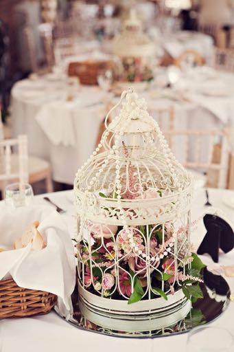 (Available with real wax candles or LED artificial effect candles) BIRDCAGE CENTREPIECES Shabby Chic Birdcage decorated with artificial