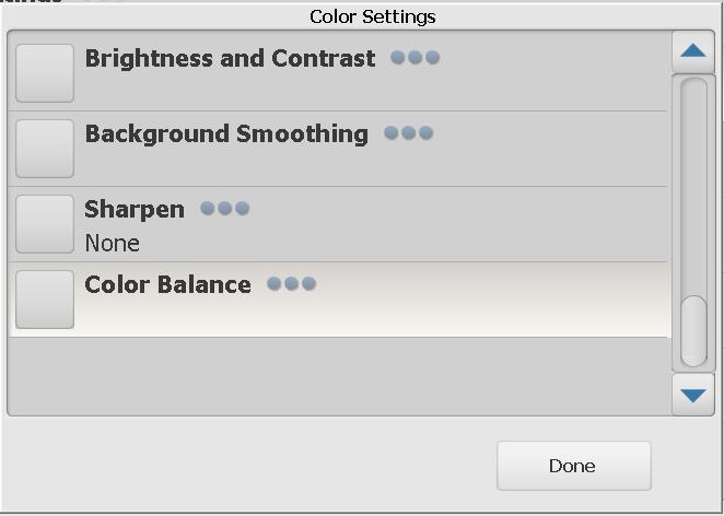 Color Settings provides these options: - Brightness and Contrast: you can select: Color Brightness Mode - allows you to select None, Automatic or Manual.
