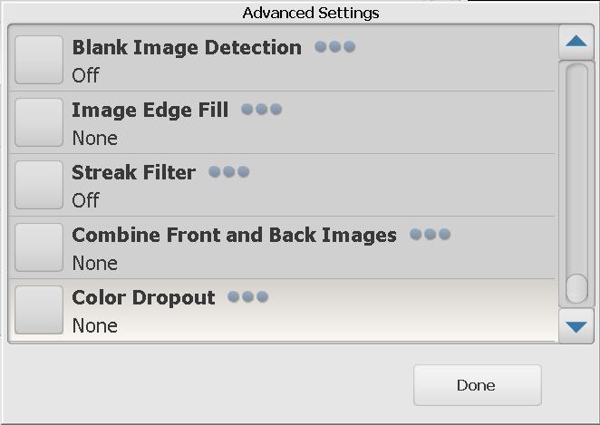 Use the scroll arrow to display additional Advanced settings: - Streak Filter: allows you to configure the Scan Station to filter vertical streaks from your images.
