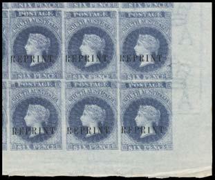 [Very few examples are recorded] 1,750 306 R A/A- Ex Lot 306 REPRINTS: Imperforate marginal - mostly corner - blocks of 30 (6x5) comprising '3-PENCE' on 4d red-violet, 4d red-violet, 4d deep