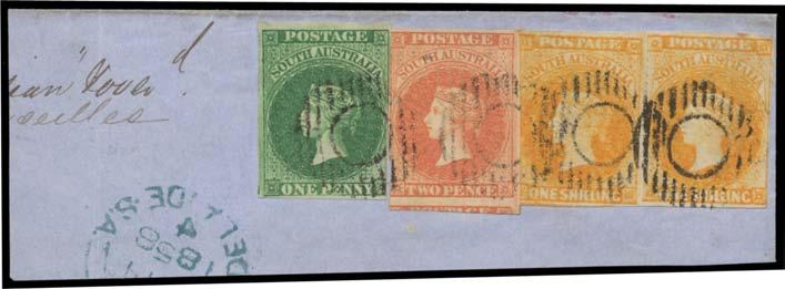 Prestige Philately - Auction No 168 Page: 2 263 F A-/B Lot 263 1855 London Printings 1d dark green SG 1 (3½ margins) in combination with Adelaide Printings 2d