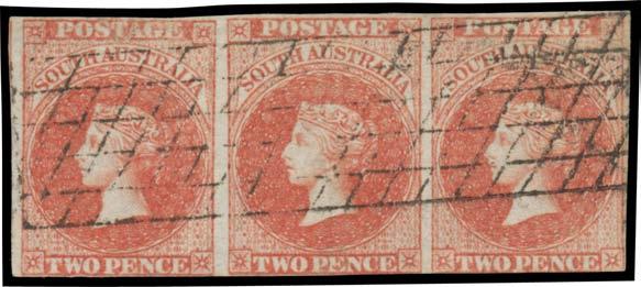 Prestige Philately - Auction No 168 Page: 3 267 F A/B Lot 267 1855 London Printings 2d rose-carmine SG 2 horizontal strip of 3, margins