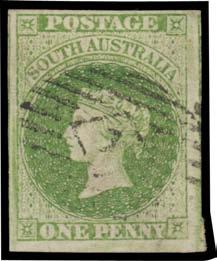 Prestige Philately - Auction No 168 Page: 4 271 G (A) Lot 271 1856-58 Adelaide Printings 1d yellow-green SG 6, an unusually large example with margins