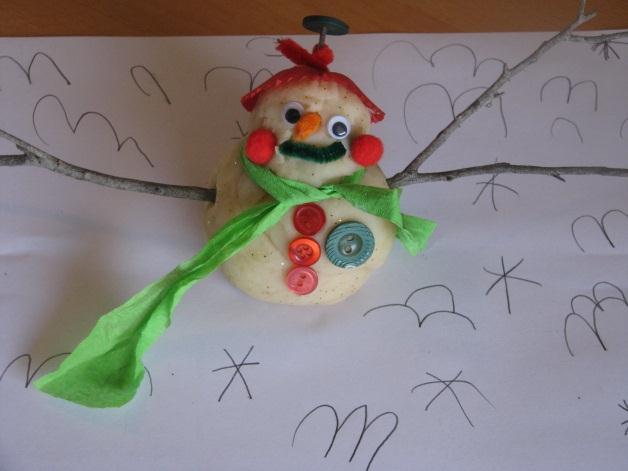 Play Dough Snowman 1 Blob of Christmas Play Dough 2 Twigs Orange & Green Pipe Cleaner Coloured Buttons Pompoms Patty Pans Crepe Paper Streamer 2 Wiggly Eyes 1.