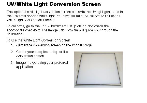 BobM 7/12/10) Conversion screen for viewing SYBR Green, SYBR Safe, and other fluorescent gel stains,