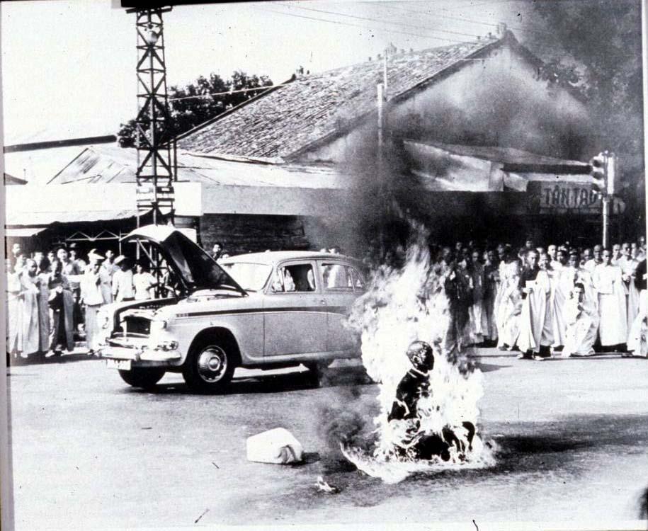 Quang Duc, a seventy-three-year-old Buddhist monk, soaked himself in gasoline and set himself on fire, burning to death in front of thousands of onlookers at a main highway intersection in Saigon,