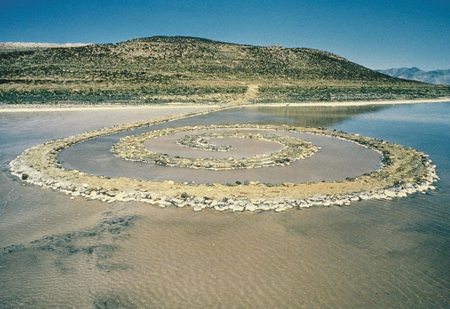 ROBERT SMITHSON, Spiral Jetty, 1970. Black rock, salt crystals, earth, red water (algae) at Great Salt Lake, Utah.