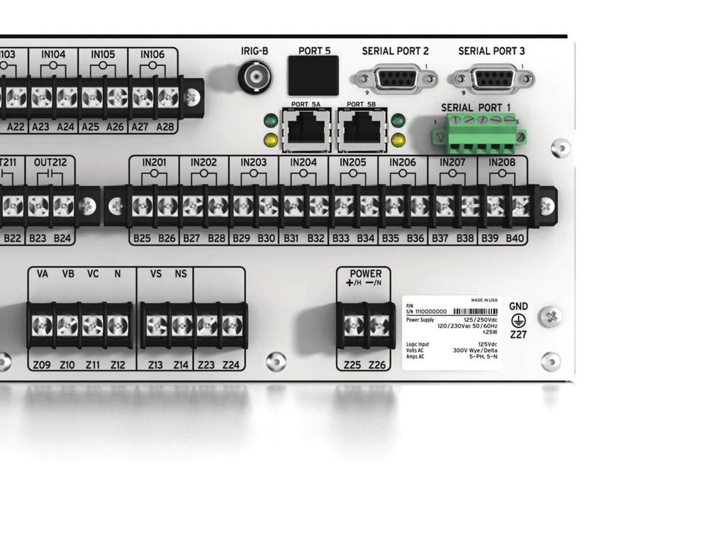 IRIG-B input for precise timing. Optional EIA-485 or fiber-optic serial port. Standard single copper Ethernet.