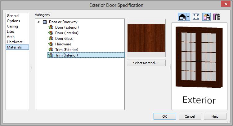 Home Designer Interiors 2015 User s Guide 3. Select one of the door s components from the list on the left. Click on the name of a material component in the tree list to select it.