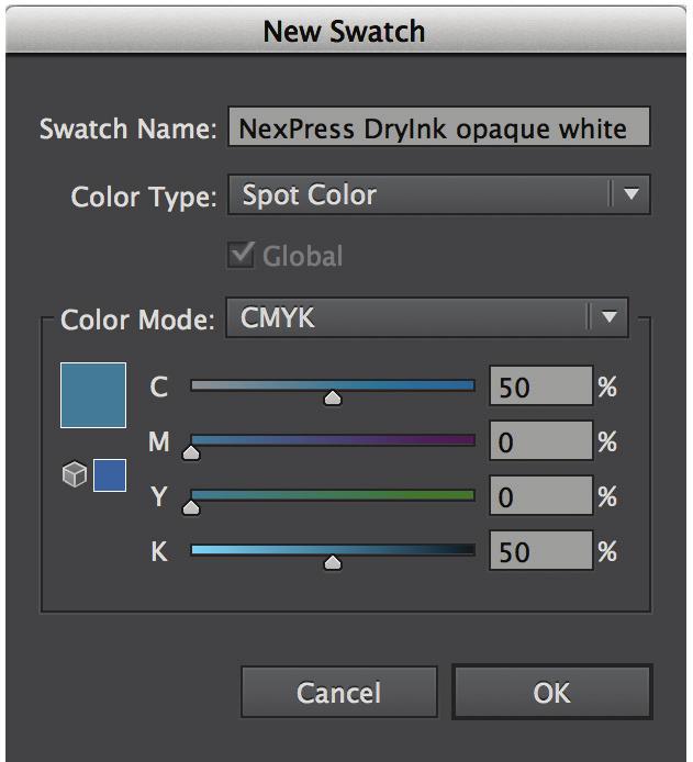 8 Defining an opaque white spot color / Workflow 2 Defining a spot color If you are printing on a dark-colored substrate, are looking for maximum white density, or generally want to control how and