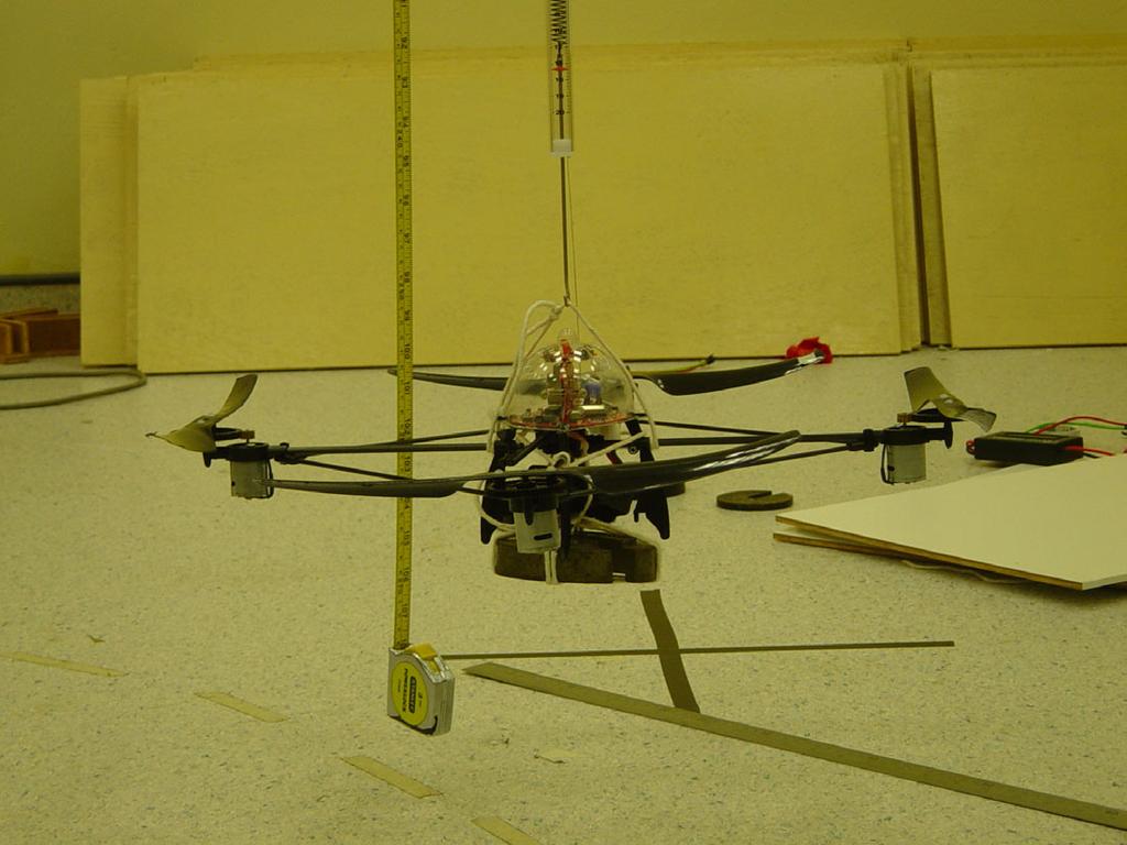 Figure 4.3: Picture of experimental set-up A 1kg weight is tethered to the Draganflyer model in order to ensure that it does not fly away when the rotors begin to spin.