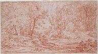 Jean Antoine Watteau, French, 1684 1721 Landscape with a Road Bordered by Trees Red chalk on cream laid paper 18.3 x 32.6 cm.