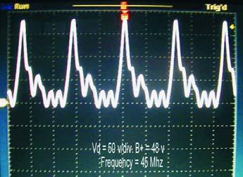 Figure 11 Drain voltage waveform into 50 ohm load. Figure 12 Frequency spectrum of Figure 11. Figure 13 Drain voltage waveform; operation into a 65:1 VSWR.