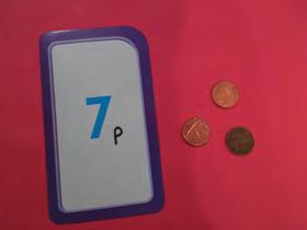 Solve problems involving subtraction from 10p. Give each pair of children a small selection of coins in a bowl.