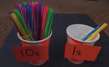 Children will complete 10 addition questions that require regrouping (of the straws).