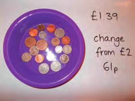 Children calculate the amount in the bowls and imagine that is the total for a basket of shopping. How much change would be given from 1? (Relate to number bonds to 100.