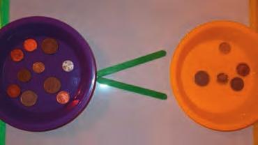 Have different amounts of money set out in bowls. Use different coins from 1p to 50p. Totals should be between 1 and 2.