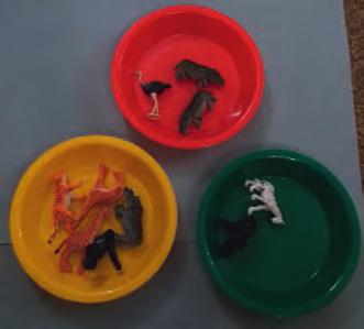 Place a selection of different animals in bowls and ask the children to count the number of animals in two bowls. How many animals altogether?