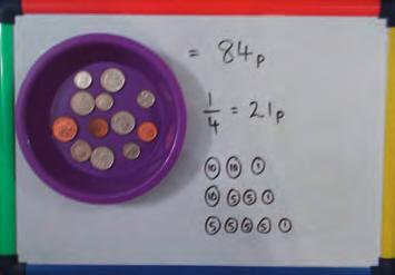 Find fractions of amounts using money. Have different amounts of money set out in bowls for children to count the totals.