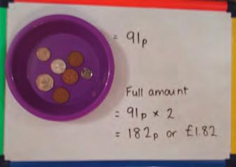Can you make one quarter of this amount using just two coins? Three coins? Four coins? Find fractions of amounts using money.
