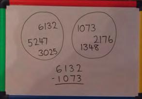 On the board, write a selection of 4-digit numbers in one circle (start numbers / minuends) and another selection of 4-digit numbers to be