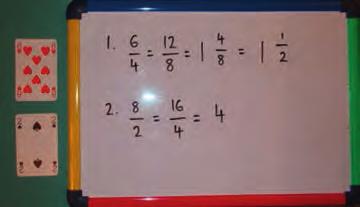 Children take turns to write down an equivalent fraction to the one shown. Write on a whiteboard and swap whiteboards to mark at the end. Recognise improper fractions.