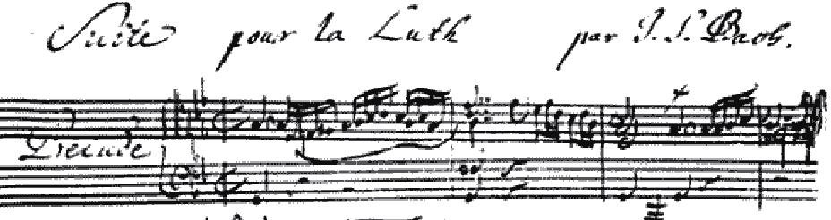 Noodinäide 1. J. S. Bach. Lautosüit BWV 995, Prelüüd, t 1 4. Autograafi faksiimile.