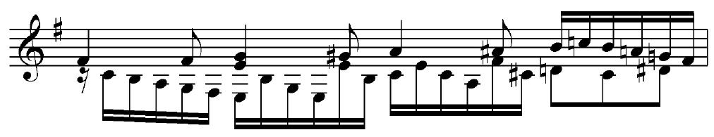 Noodinäide 18. J. S. Bach. Süit BWV 995, Courante, t 1 4. Bachi Süidis BWV 996 ja Partiitas BWV 997 on klahvpillile omasem faktuur, milles on ka liikuvam bassiliin (vt Noodinäide 19).
