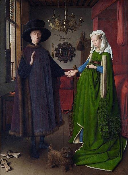 The Arnolfini Portrait Artist: Jan van Eyck Year: 1434 Type: Oil on oak panel of 3 vertical boards Dimensions: 82.2 cm 60 cm (32.4 in 23.6 in); panel 84.5 cm 62.5 cm (33.3 in 24.