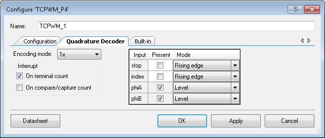 PSoC Creator Component Datasheet Quadrature Decoder Tab Encoding mode The quadrature decoder Encoding mode can be set to one of three modes: 1x, 2x, or 4x.