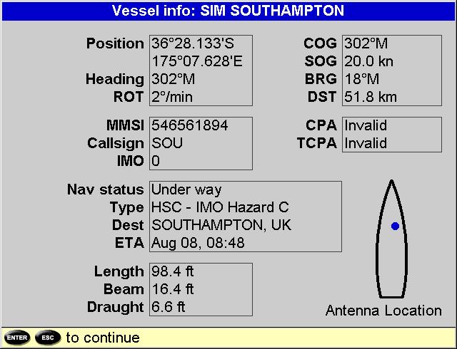 When the cursor is placed over an AIS vessel for at least two seconds, a data box appears at the bottom of the window with information about the AIS vessel.
