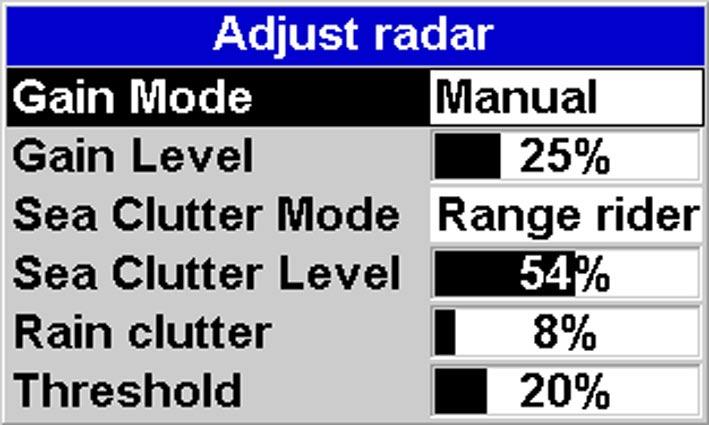 Manual. Adjust the radar gain yourself to suit your local conditions and preferences. Auto. The radar gain is adjusted automatically.
