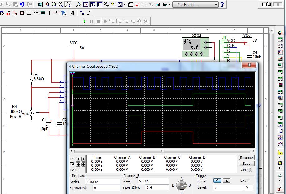 Circuit Simulation Double Click on the oscilloscope to open the oscilloscope window. Change Channel A, B, C, and D, Y positions to 1.8, 0.4, -1.4, and -2.8, respectively.
