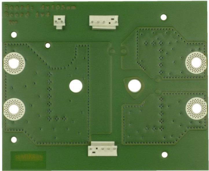 Figure 3: Photo (left) and drawing (right) of the top layer Figure 3 shows a photo of the top side of the 4-layer adaptor PCB for one MiniSKiiP module (left) and the drawing of the same board.
