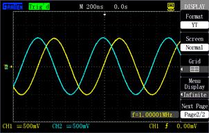 Figure 2-48 Y-T mode Figure 2-49 X-Y mode The oscilloscope can acquire the waveform according to a normal YT mode at any sampling rate and can check the corresponding waveform at XY mode.