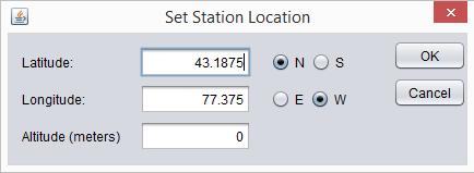 StationEdit Station Information Shows the interface for specifying the station location. This is needed to calculate the Doppler shift for uplink correction.