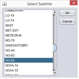 Press OK to select a new satellite or Cancel to exit without changes. The list of satellites is pulled from the headers of the two-line element sets in the tle subdirectory.