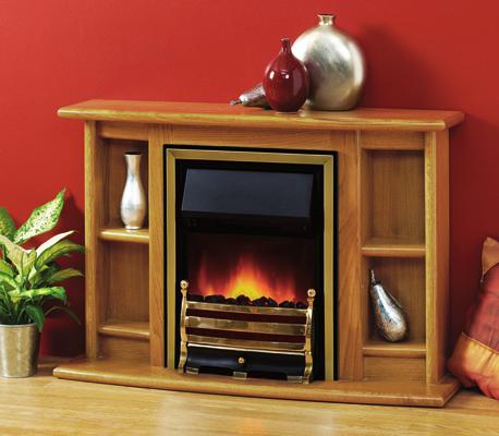 Brass Chic This fireplace is available in many timbers and finishes and can be floor-standing or wall-mounted.