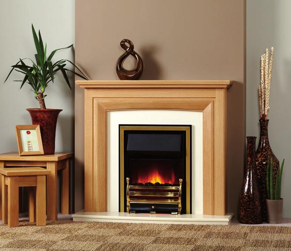 Matlock Electric Surround: Matlock Electric in Waxed Oak with Oak Inlay Hearth and Back: Curved Hearth in Vanilla Finish Fire: Focusflame Brass