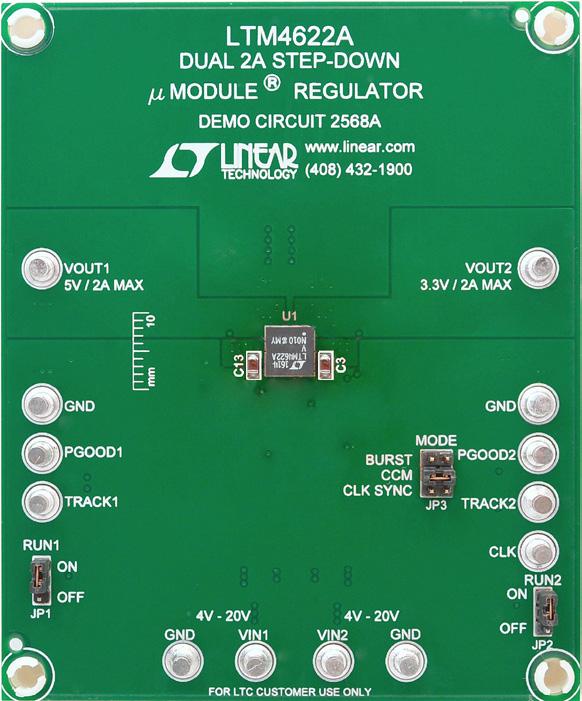 DESCRIPTION Demonstration circuit 568A features the LTM 46A µmodule regulator, a tiny low profile high performance high efficiency dual step-down regulator.