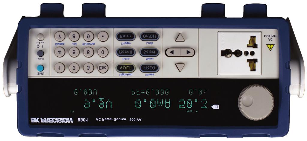 Programmable AC Power Source Front panel Bright VFD display shows Vrms, Irms, Ipeak, frequency, power factor (PF),