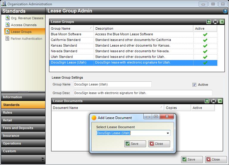 Lease Group Admin form with Add Lease Document dialog box displayed. 2. From the Lease Groups grid list, click to add a lease group. 3. In the Lease Group Settings group, enter a Group Name.