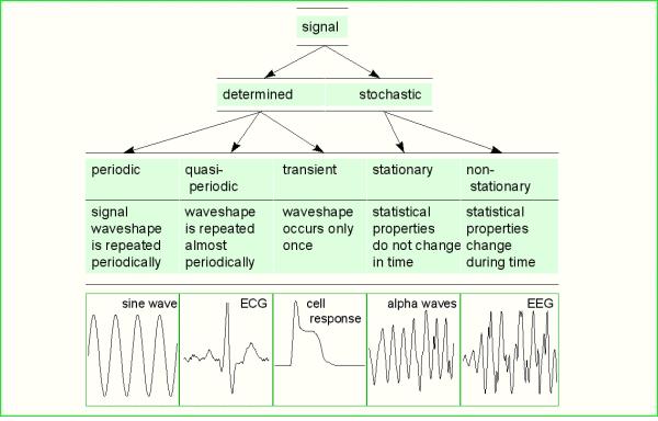 subdivided into periodic, quasiperiodic, and transient signals. The stochastic signals are subdivided into stationary and non-stationary signals [1].