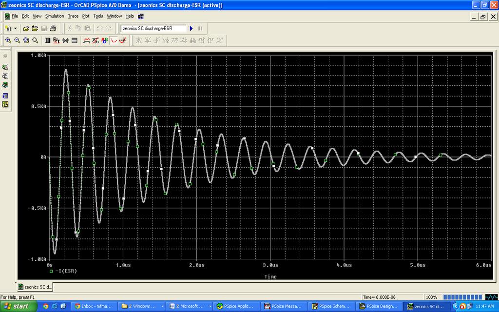 Fig 6.5 (b) PSPICE current waveform for discharge of the Marx into a short circuit As discussed in Chapter 3, the value of ESR has been estimated for the Marx by PSPICE simulation.