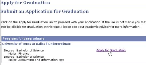 7. If you have been made eligible to apply for graduation, you will see the Apply for Graduation link as in the screenshot