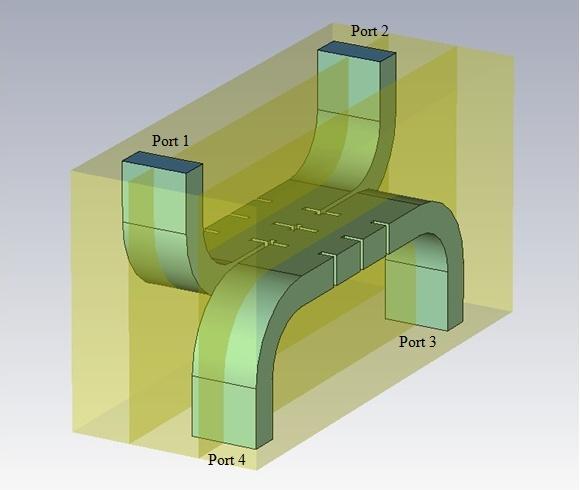 Figure 4.3: Model of the 9 hybrid coupler with embedded E-plane waveguide bends. 4.5 Fabrication and measured results With reference to the structure shown in Figure 4.