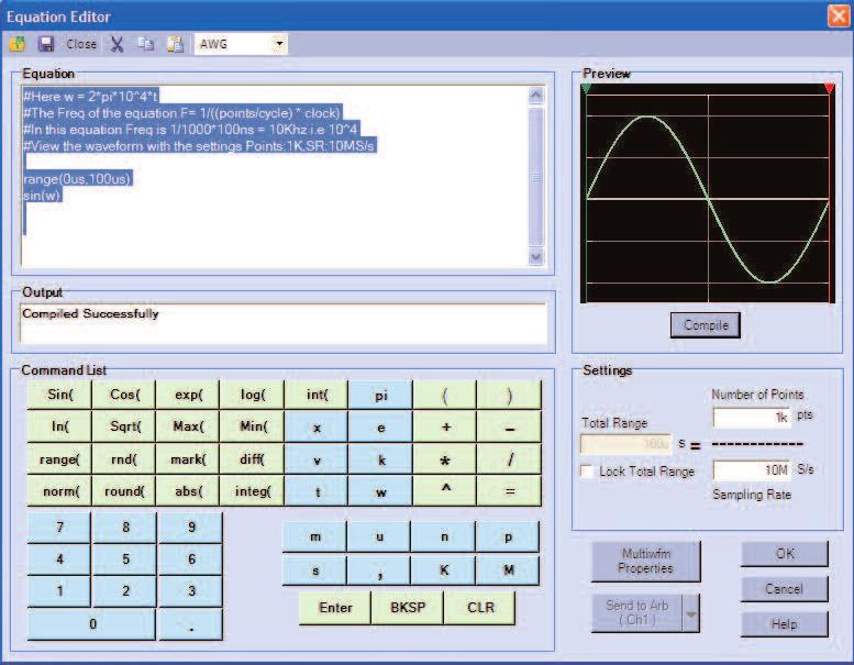 Figure 3. ArbExpress Equation Editor developing a sine wave.