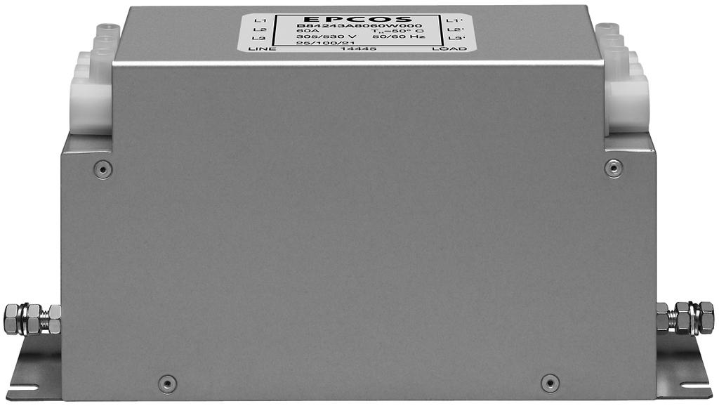 Power line filters for 3-phase systems Rated voltage V R : 305/530 V AC Rated current I R : 3 A to 60 A Construction 3-line filters Metal case Features Low leakage current Typical performance