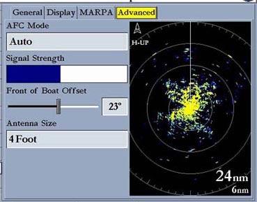 Using Radar > Map Page Radar Overlay and Radar Tab Advanced Sub Tab Use the Advanced sub tab to set AFC Mode, front of boat offset and antenna size.